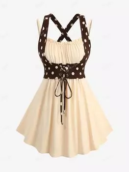 Rosegal Плюс размер Майка 2 в 1 с принтом в горошек, перекрещенной шнуровкой и оборками L света кофе