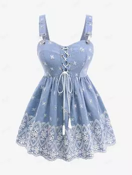 Rosegal Плюс Размер Майка на шнуровке с цветочной вышивкой и кисточками L светло-синий