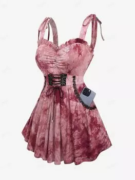 Rosegal Plus Размер Майка с карманами и кружевной отделкой цвета кешью с принтом на шнуровке и рюшами L светло-розовый