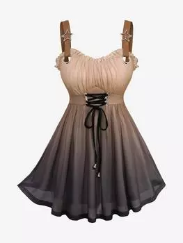 Rosegal Plus Размер Майка с принтом омбре на шнуровке и оборками и пряжкой в виде звезды L кофейный