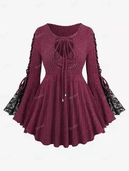 Rosegal плюс размер на шнуровке с завязками и цветочным узором, кружевная футболка с расклешенными рукавами и вырезом-капелькой, текстурированная футболка L глубокий/красный