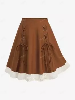 Rosegal Плюс Размер На Шнуровке Вязание крючком Выдалбливают Этническую Отделку Лоскутную Юбку Трапеции L кофейный