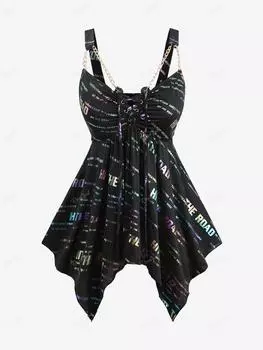 Rosegal Плюс Размер Омбре Блестящий Буквенный Принт Зашнуровать Цепочку Носовой Платок С Открытой Спиной Асимметричная Майка L чёрный