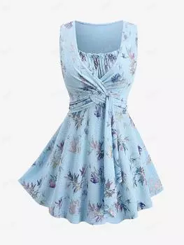 Rosegal Plus Размер Омбре Красочный принт кленового листа Плетеная вставка с оборками по подолу салата и рюшами Майка на бретелях L светло-синий