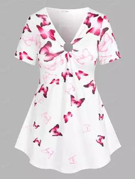 Rosegal плюс размер Омбре с принтом бабочки U-образное кольцо с пряжкой трапециевидной формы с юбкой и короткими рукавами футболка 4XL белый