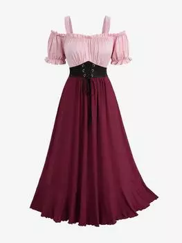 Rosegal Плюс Размер Открытые плечи Рукава-фонарики Контрастные цветные блоки Шнуровка пояс Присборенное платье А-силуэта 3XL красный