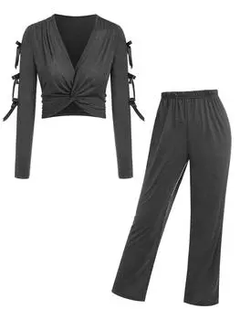 Rosegal плюс размер Пижамный комплект с глубоким вырезом и бантом спереди с закрученным бантом спереди L серый