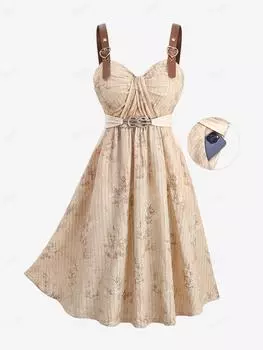 Rosegal Plus Размер Платье-майка с карманом и принтом кленового листа, пряжкой в форме сердца и люверсами 2XL света кофе