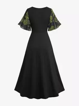 Rosegal Плюс Размер Платье Миди С Принтом Цветов Розы С Принтом Сюрплиз С Присборенной Пряжкой 2XL чёрный