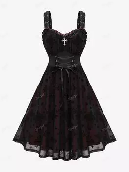 Rosegal Плюс Размер Платье на бретельках с перекрестной шнуровкой и оборками 2XL чёрный