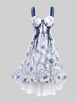 Rosegal Plus Размер Платье на бретелях с кружевной отделкой и цветочным принтом на шнуровке и бретелях с высоким и низким вырезом 4XL белый