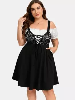 Rosegal Плюс Размер Платье на шнуровке с оборками, кружевными вставками, открытыми плечами, в винтажном стиле с карманом 3XL чёрный