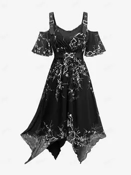 Rosegal Плюс Размер Платье с цветочным принтом в виде сливы и лифом, асимметричными люверсами и пряжкой, открытыми плечами 2XL чёрный