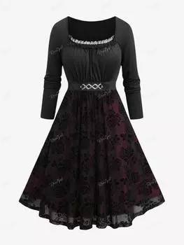 Rosegal Плюс Размер Платье С Цветочным Сетчатым Кружевом Отделка Цепочками Вставками Со Сборками 2XL чёрный