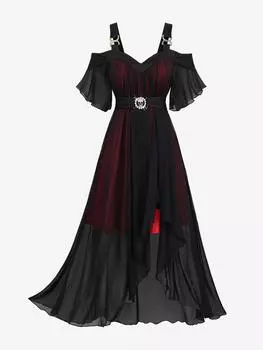 Rosegal Плюс Размер Платье с Оборками Череп Пряжка Тюльпан Подол Открытые Плечи 2XL чёрный