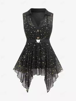 Rosegal Plus Размер Прозрачная блузка с пряжкой в виде сердца и пуговицами со звездами L чёрный