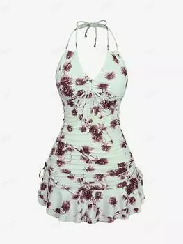 Rosegal Плюс Размер Ретро Роза Цветы Принт Холтер С Оборками и Оборками Комплект Танкини M бежевый