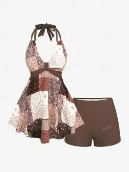 Rosegal Плюс Размер Ретро Винтаж Цветочный Пейсли Плед Печатный Холтер Спинки Boyleg Танкини Купальник M кофейный