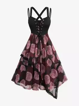 Rosegal Плюс Размер Роза Цветочный Принт Сетчатая Кружевная Отделка Шнуровка Перекрещивающиеся Спина Асимметричное Платье 2XL чёрный