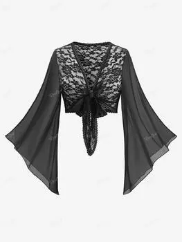 Rosegal Плюс Размер Роза Цветок Кружева Завязывается Расклешенные Рукава Шифоновый Прозрачный Болеро Топ L чёрный