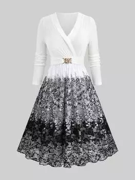 Rosegal Плюс Размер Роза Цветок Сетка Кружева Прозрачный Сюрплисс Пряжка Пояс Платье А-силуэта 2XL белый