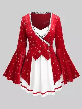 Rosegal Plus Размер Рождественская футболка с рюшами и кружевной отделкой серебряной штампованной звездой и рукавами-колокольчиками L красный