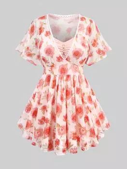 Rosegal плюс размер рукава «летучая мышь» роза с принтом в виде листьев, сетчатая цепочка в форме сердца, декор со рюшами, топ на день Святого Валентина 2 в 1 M светло-оранжевый