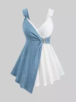 Rosegal плюс размер с блестящей пряжкой и текстурированным уплотнительным кольцом, двухцветная кружевная отделка, асимметричная майка с открытой спиной и запахом 4XL светло-синий