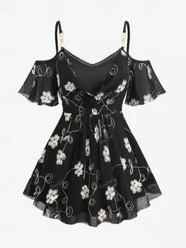 Rosegal плюс размер с открытыми плечами и воротником-хомутом с развевающимися рукавами, многослойная рубашка на бретельках с цветочной вышивкой и рюшами 2 в 1, шифоновая рубашка на бретельках с цепочкой M чёрный