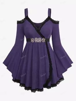 Rosegal плюс размер с открытыми плечами и расклешенными рукавами, кружевной отделкой, рюшами, вязаный топ с поясом с пряжкой-бабочкой L фиолетовый