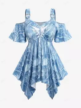 Rosegal плюс размер с открытыми плечами, рваный плетеный платок с цветочным принтом и пряжкой в виде сердца с люверсом, асимметричный платок с омбре, топ L синий