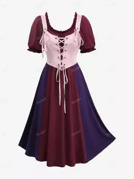 Rosegal плюс размер с пышными рукавами и цветочным принтом, жаккардовое платье на шнуровке с цветными блоками, лоскутное винтажное платье-корсет трапециевидной формы 2 в 1 2XL красный