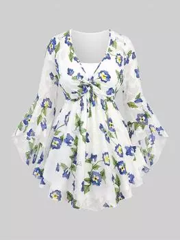 Rosegal плюс размер с расклешенными рукавами и цветочным принтом в виде листьев, тисненая текстурированная многослойная шифоновая рубашка 2 в 1 L белый