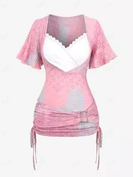 Rosegal Plus Размер с развевающимися рукавами, лазерная резка, цветочный узор, рюшами по бокам и пряжкой, галстук-краситель, кружевная отделка омбре, топ 2 в 1 M светло-розовый