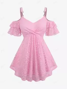 Rosegal Плюс размер с развевающимися рукавами, с открытыми плечами и цветочным кружевом, многослойная однотонная блузка XL светло-розовый