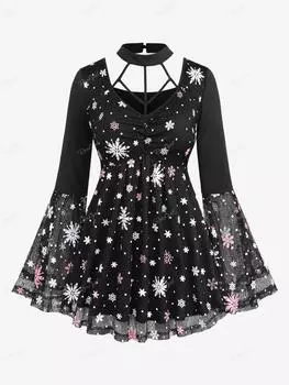 Rosegal Плюс Размер Сетчатая футболка с принтом снежинок и ажурной вставкой Футболка с рюшами через шею и расклешенными рукавами 3XL чёрный