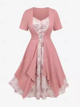 Rosegal Плюс размер Сетчатое платье 2 в 1 с цветочным принтом и оборками, пряжкой и ребристой текстурой, асимметричное платье 2 в 1 4XL светло-розовый