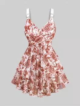 Rosegal Плюс Размер Сетчатый Топ без рукавов с омбре и цветочным принтом, многослойный топ с рюшами и оборками, перекрестный топ без рукавов с квадратной пряжкой L глубокий/красный