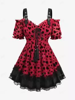 Rosegal Плюс Размер Сетка с пряжкой в форме сердца, флокирование с открытыми плечами, пышные рукава, с кисточками, с кружевной отделкой, с рюшами, топ с оборками M глубокий/красный