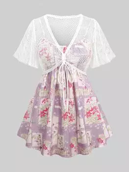 Rosegal плюс размер шарф с цветочным принтом и принтом топ на бретельках со сборками и кружевной отделкой в сеточку укороченный топ блузка комплект L светло-фиолетовый