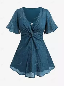 Rosegal Плюс размер Шифоновая шифоновая блузка с блестками и фактурной пряжкой со складками и оборками L синий