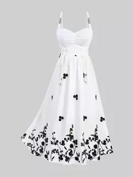 Rosegal Плюс Размер Шнуровка С Сборками Цветочный Жаккард Вышивка Лист Пряжка Двухцветный A Cami Платье 2XL белый