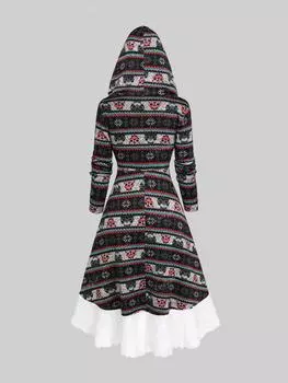 Rosegal Плюс Размер Сова Снежинка Полосатый Рождественский Графический Принт Меховая Вставка Высокий Низкий Платье с Капюшоном 3XL чёрный