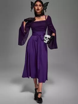 Rosegal Плюс Размер Средневековое Возрождение Складное Двухцветное Сетчатое Платье А-силуэта Миди Пояс Платье 4XL глубокий/фиолетовый