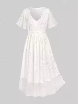 Rosegal Плюс Размер Сверкающие блестки Платье в горошек с поясом А-силуэта 3XL белый