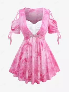 Rosegal Плюс размер Тай-дай Принт Пряжка Со складками Плетеный Зажим в рубчик Текстурированный топ 2 в 1 L светло-розовый