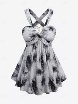 Rosegal Плюс Размер Tie Dye Буквы Печати D-образное кольцо Пряжка Декор Крест-накрест Майка с открытой спиной и запахом L серый