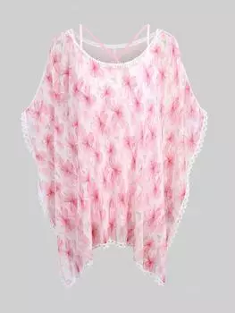 Rosegal Плюс размер Топ на бретельках с перекрещенными крестиками и цветочным принтом, кружевная отделка, прозрачная сетчатая асимметричная плиссированная блузка L светло-розовый