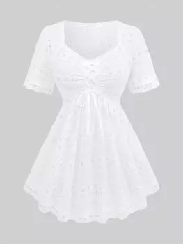 Rosegal Плюс размер Топ на шнуровке с цветочным принтом и рюшами и кружевной отделкой с квадратным вырезом L белый