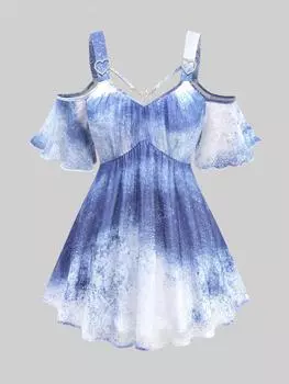 Rosegal Плюс размер Топ с открытыми плечами и принтом тай-дай с пряжкой в форме сердца и ремешками L синий